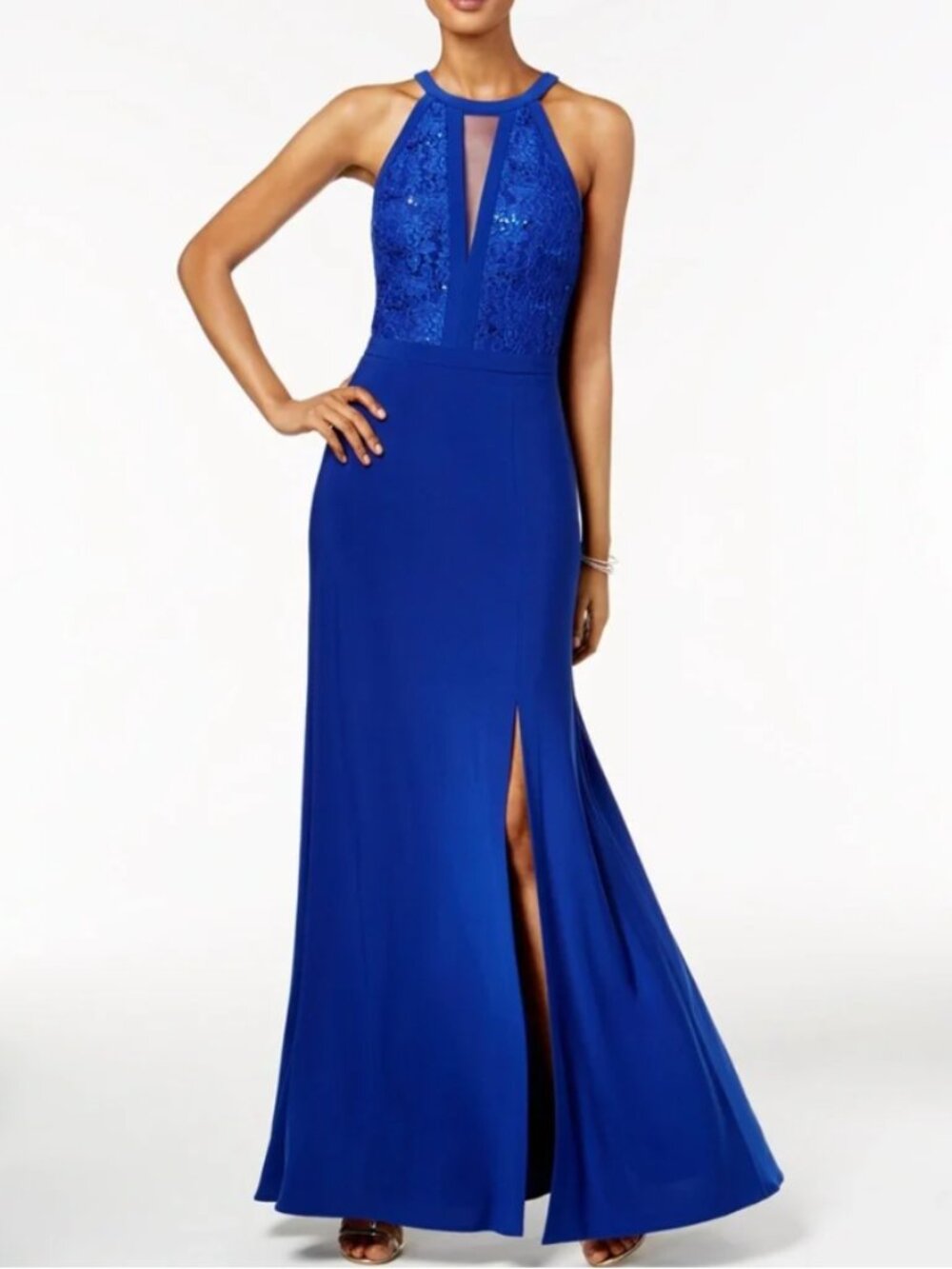 Night Way Collections Royal Blue Halter Lace Bodice Evening Gown